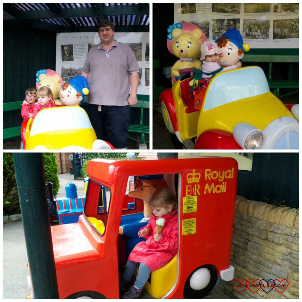Top left - Jessica and Sophie on the Noddy car ride with Daddy standing next to them; top right - Sophie giving Noddy in the car a cuddle; bottom - Sophie sitting in the Postman Pat van with an ice-cream