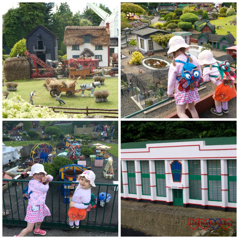 Top left - miniature workers gathering hay; top right - Jessica and Sophie looking at the animals in the miniature zoo; bottom left - Jessica and Sophie standing by the miniature fairground; bottom right - the miniature Hoover Building