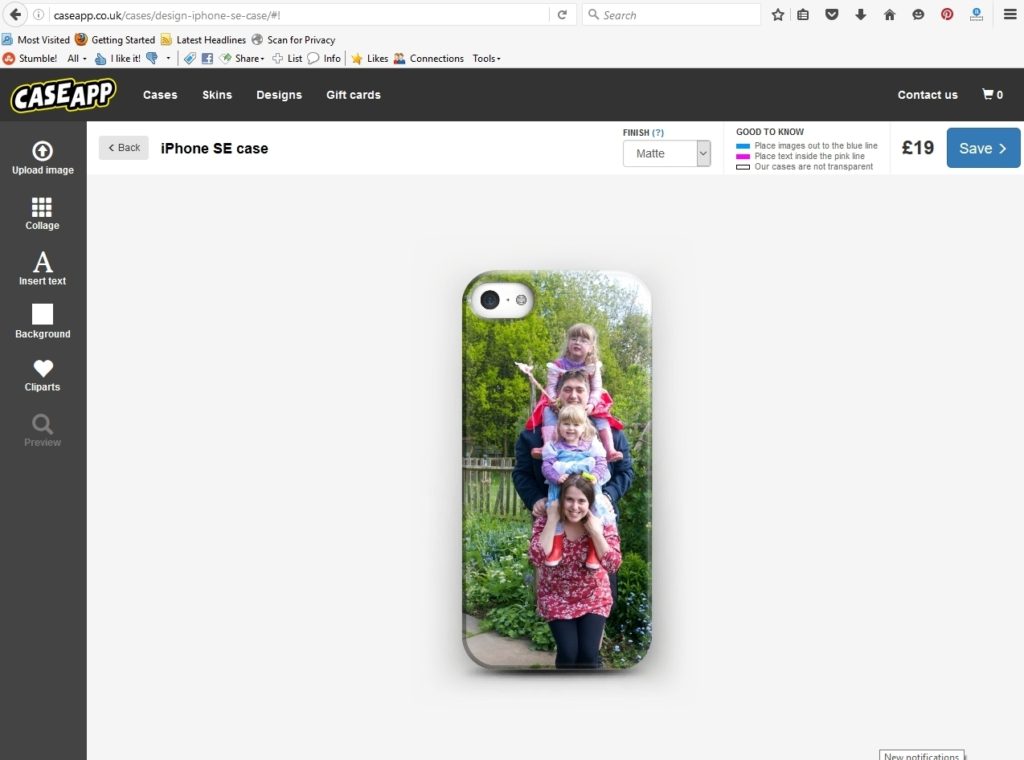 Screenshot showing the options available for personalising my phone case