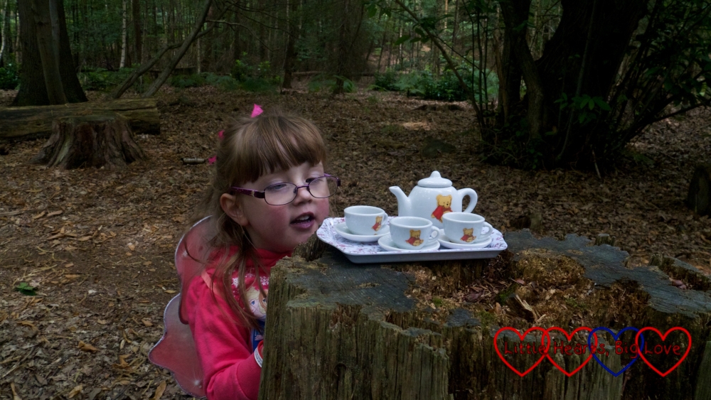 Jessica looking at the fairies' tea set left on a tree stump