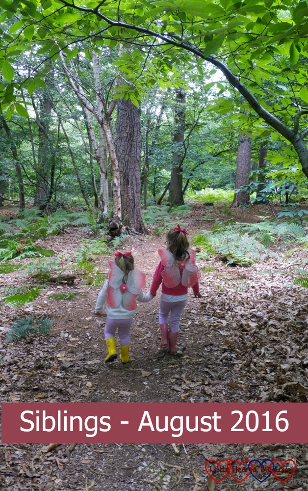 My two little fairies walking hand in hand in the woods