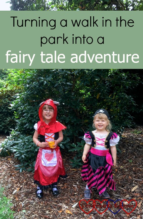 Jessica dressed as Little Red Riding Hood and Sophie dressed as a pirate with the text "Turning a walk in the park into a fairy tale adventure"