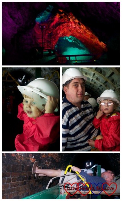 top - one of the caverns in the Dudley tunnel; middle left - Sophie with her hard hat; middle right - Jessica and hubby on the boat; bottom - two men 'legging' the boat through the tunnel