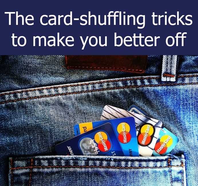 Credit cards in a back pocket with the text "The card-shuffling tricks to make you better off"