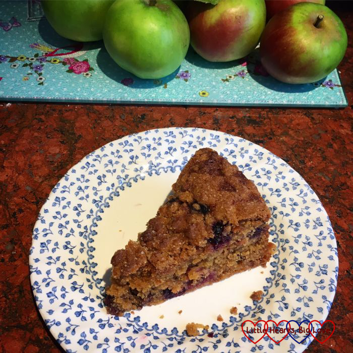 A slice of blackberry and apple cake on a blue-flower patterned plate