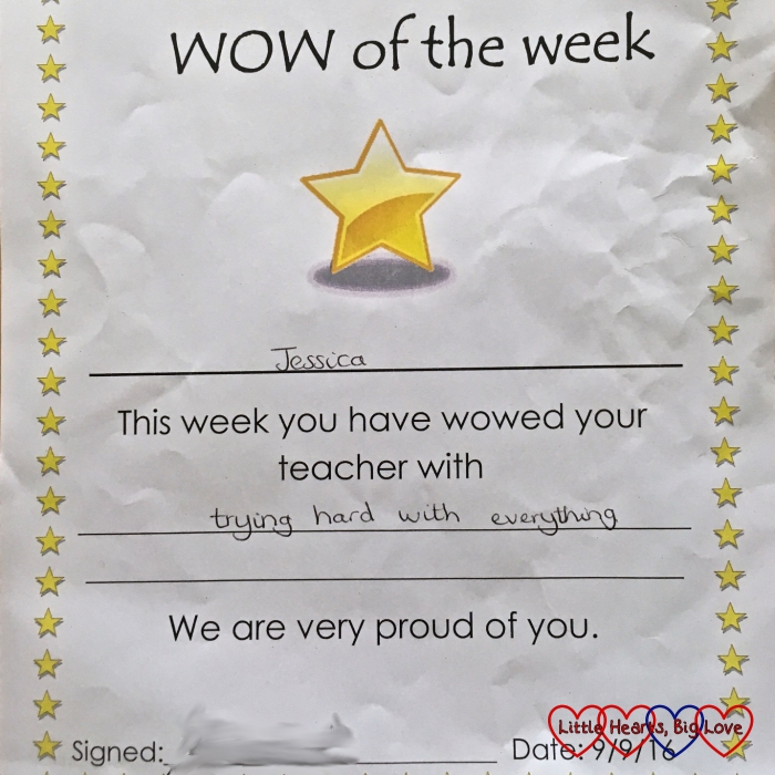 Jessica's "WOW of the week" certificate