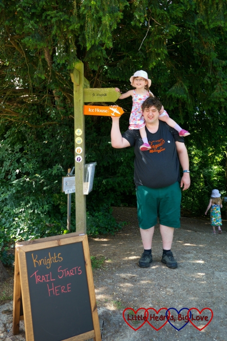 Hubby with Jessica on his shoulders at the start of the knights and dragons trail