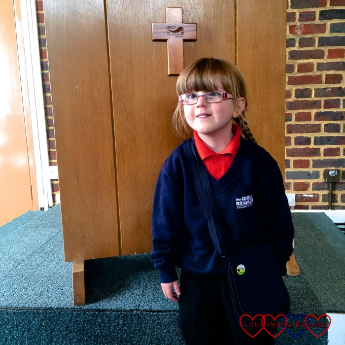 Jessica at church in her Girls' Brigade uniform after being enrolled