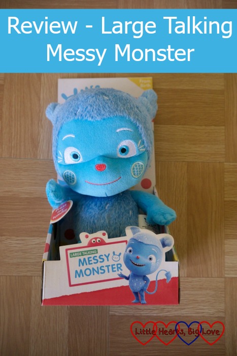 Large Talking Messy Monster toy in the box with the text "Review - Large Talking Messy Monster"