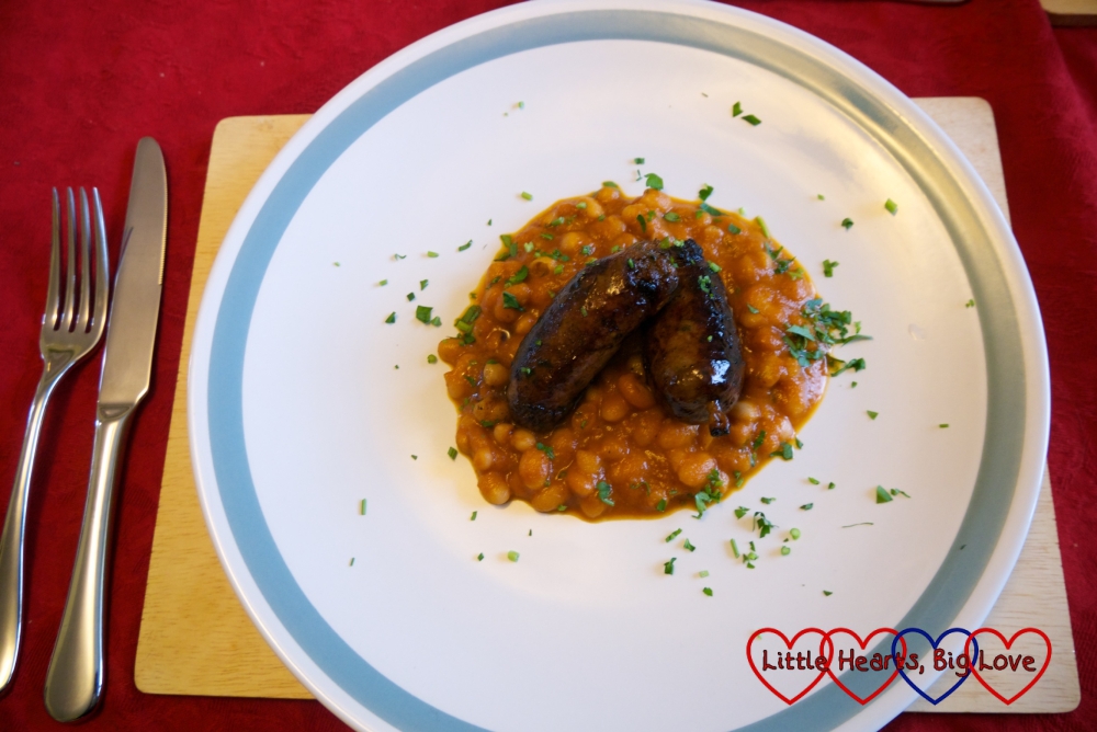 Home cooked sausages and beans