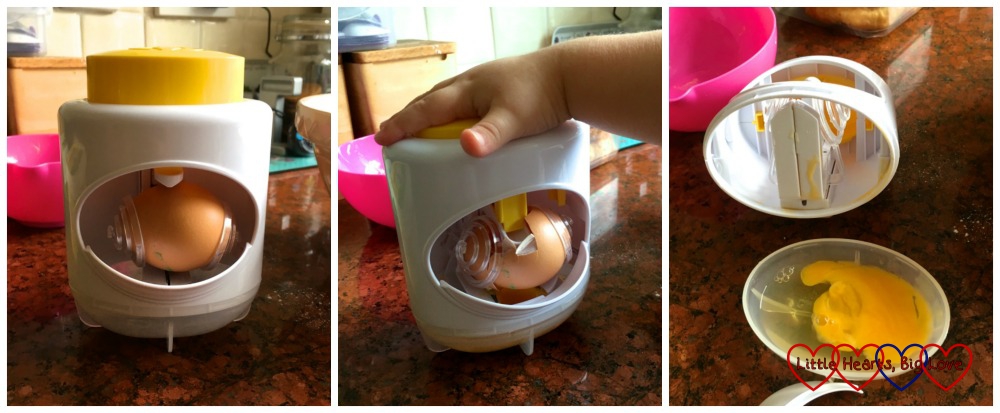 The egg cracker - egg inserted, push the button down to crack and the egg falls into the tray at the bottom