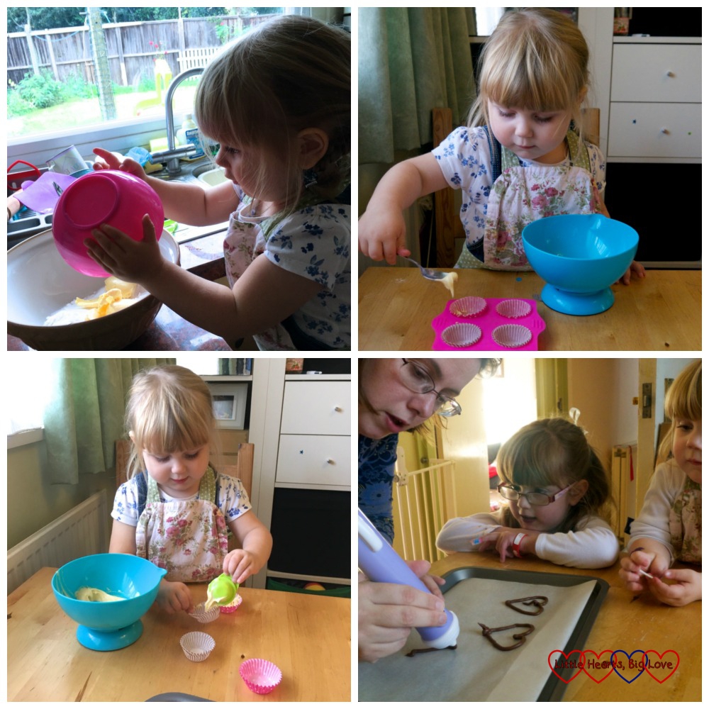 Sophie measuring out ingredients, spooning cake mix into cup cake cases and me drawing chocolate hearts onto baking paper
