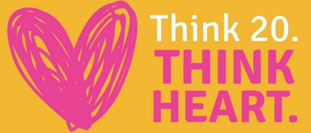 A pink heart on a yellow background with the text "Think 20. THINK HEART."
