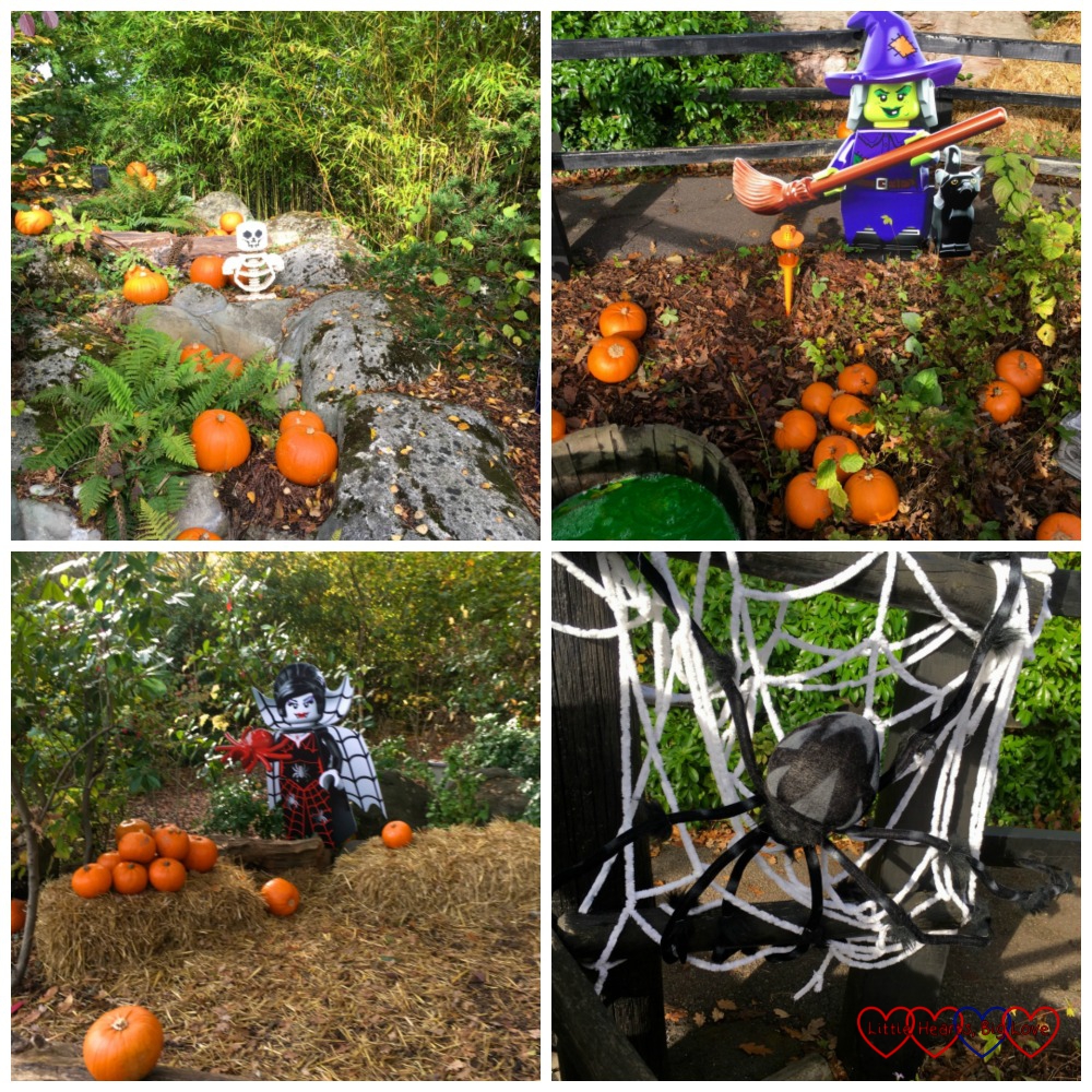 The Enchanted Forest (l-r) Lego skeleton and pumpkins, Lego witch and pumpkins. Lego vampire and pumpkins and a giant spider on a web