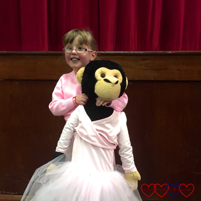 Jessica and Monty the monkey dressed in their ballet outfits
