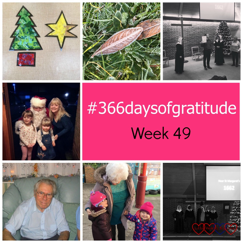 Crafts at church, frozen leaves, going to rehearsal, Father Christmas on the doorstep, memories, Nanny visiting and a successful concert - the things I'm thankful for this week
