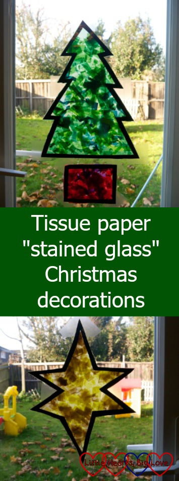 A tissue paper Christmas tree and star - Tissue paper "stained glass" Christmas decorations