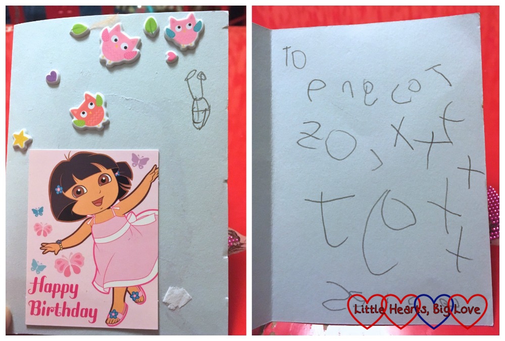 The birthday card that Jessica made for her toy "Pink Cat"