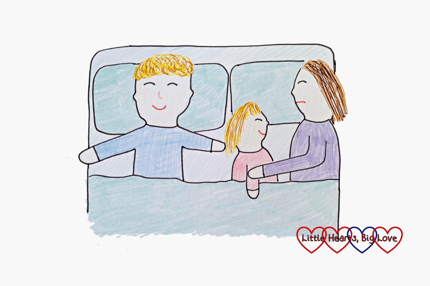A drawing of a mummy, daddy and child sleeping in a double bed