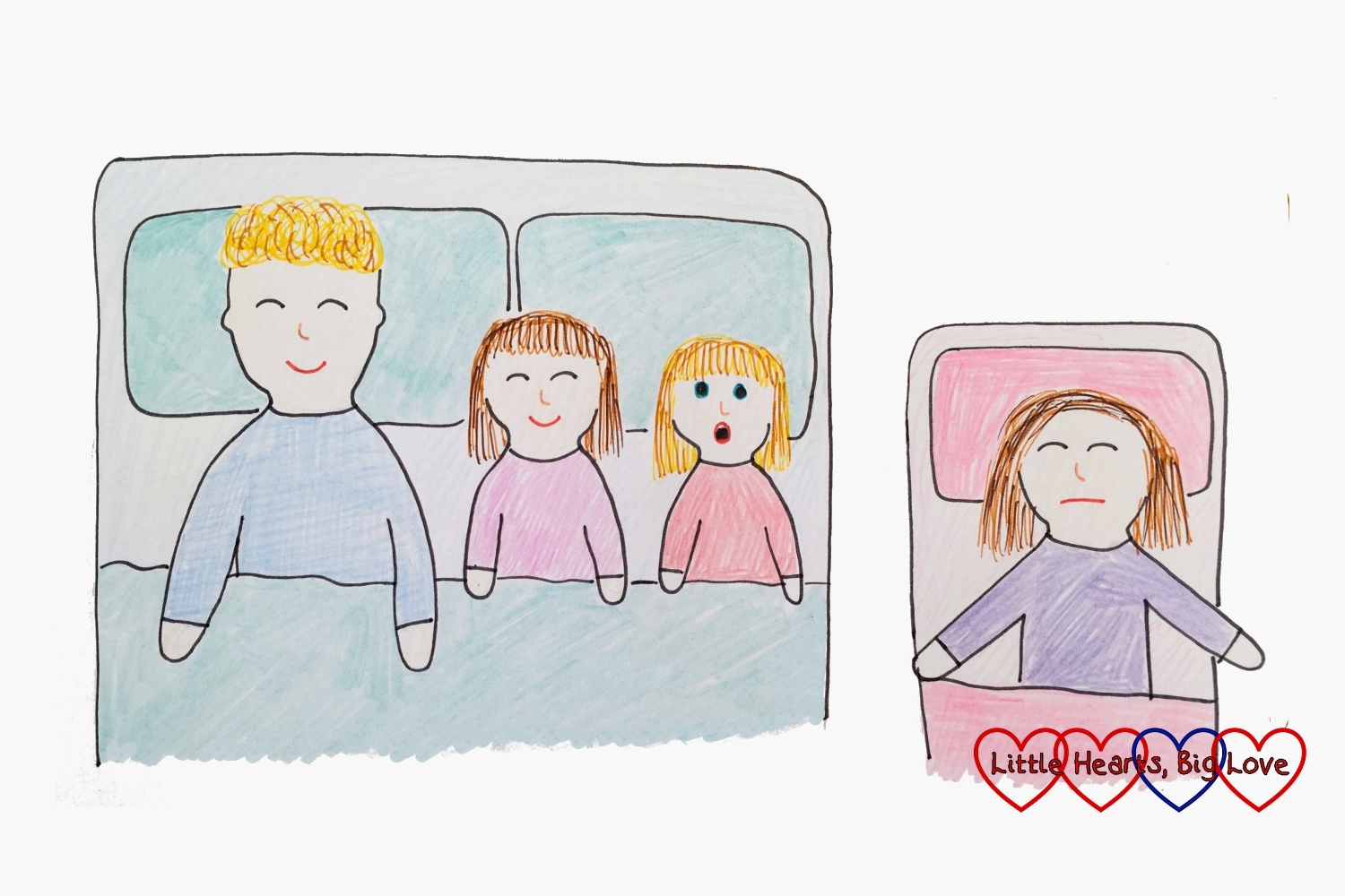 A drawing of a daddy and two children in a bed - with the daddy and one daughter asleep and the other awake plus Mummy sleeping in a toddler bed