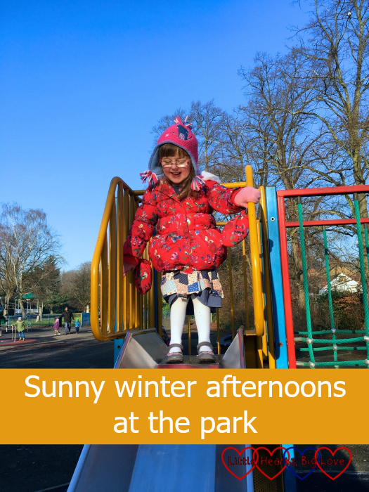 Jessica on the slide at the park: Sunny winter afternoons at the park