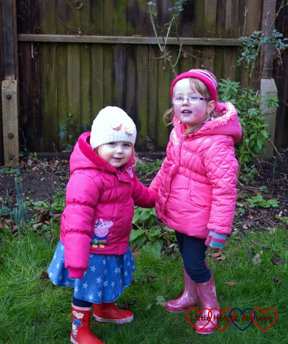 Jessica and Sophie in the garden in winter