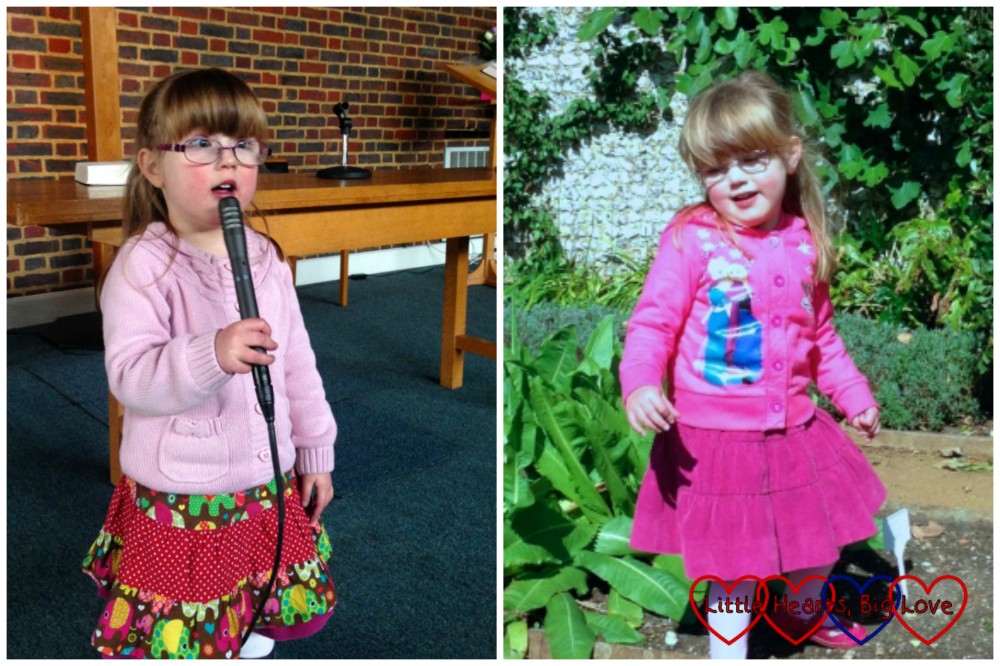 Left - Jessica singing into the microphone at church wearing an elephant print skirt; Right - Jessica exploring a garden wearing a plum coloured corduroy skirt