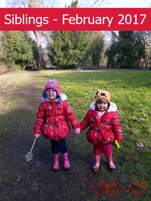 Jessica and Sophie holding hands and enjoying a walk at Ankerwyke: Siblings - February 2017