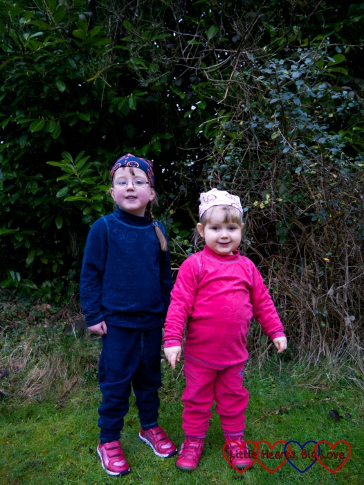 Jessica and Sophie wearing their Tiny Trolls of Norway microfleece outfits