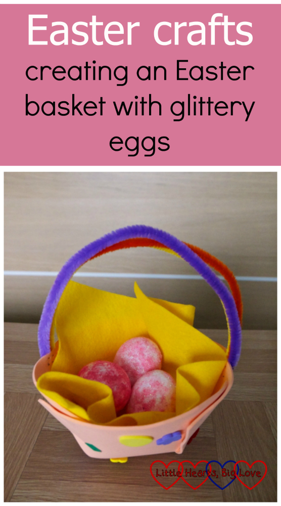 An Easter egg basket made from craft foam and pipe cleaners filled with glittery polystyrene eggs: Easter crafts - creating an Easter basket with glittery eggs