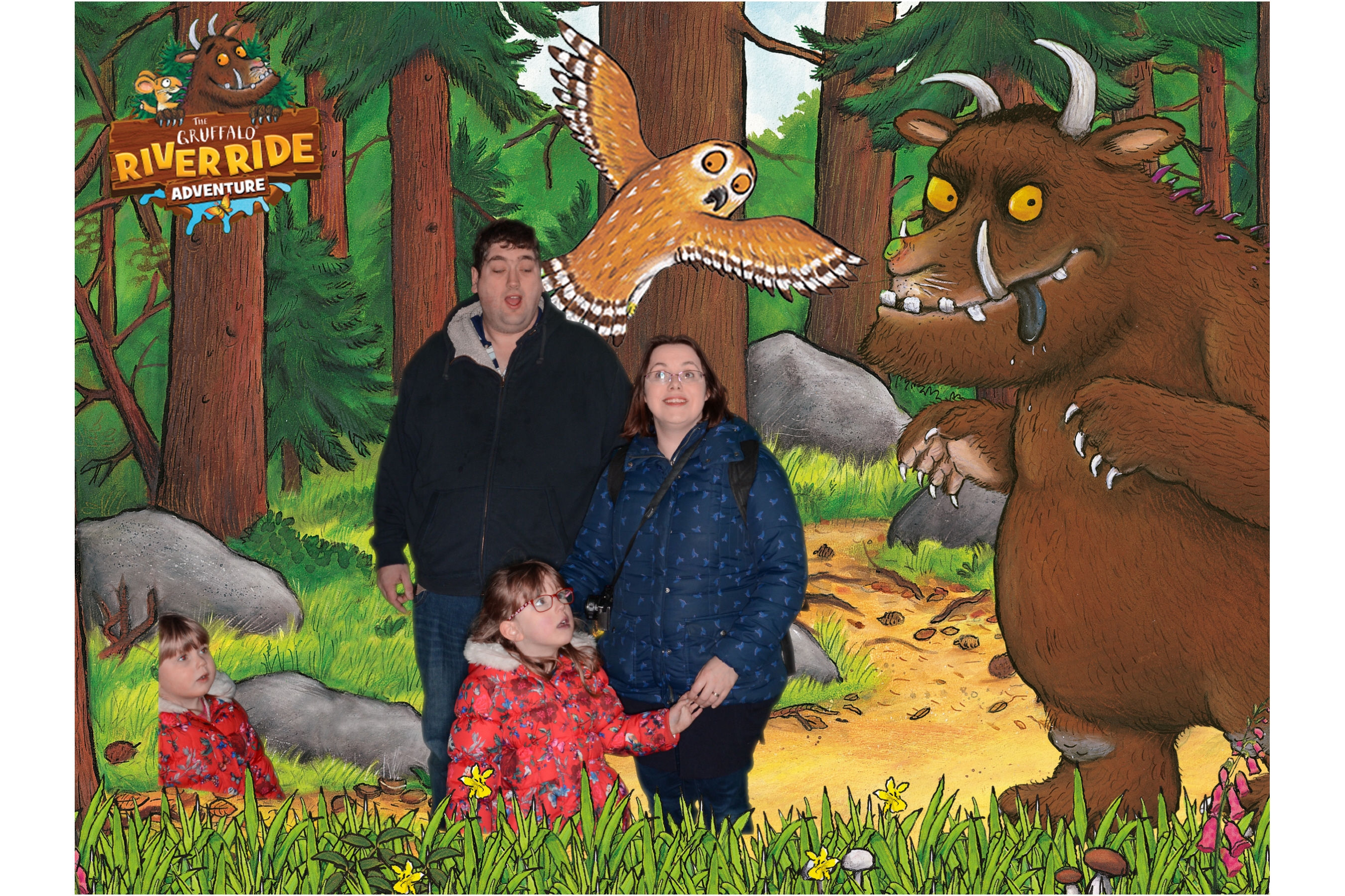 Me, hubby, Jessica and Sophie with the characters from the Gruffalo in our green screen photo