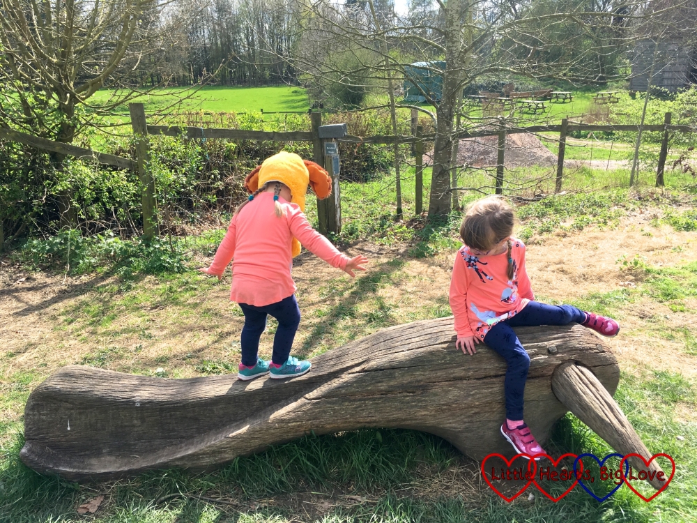 Sophie and Jessica on the carved wooden bench - Sophie practising her balancing skills and Jessica sitting watching her