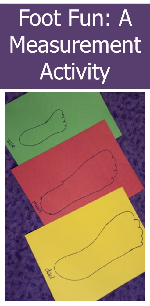 Pictures of feet drawn on green, red and yellow construction paper - "Foot Fun: A measurement activity"