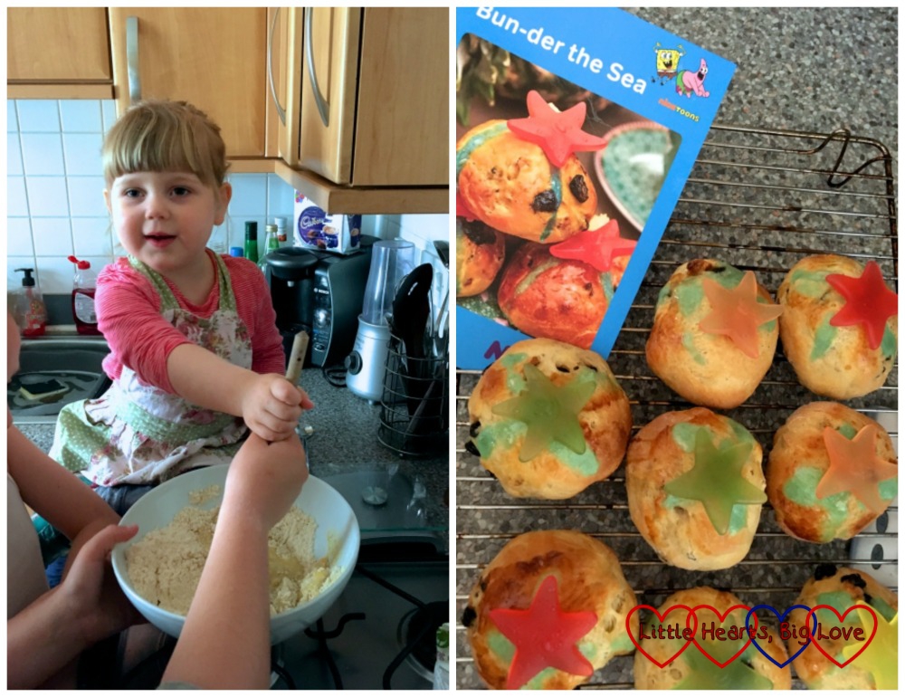 (left) Sophie helping mix the ingredients together to make hot cross buns; (right) The finished hot cross buns with jelly stars on top