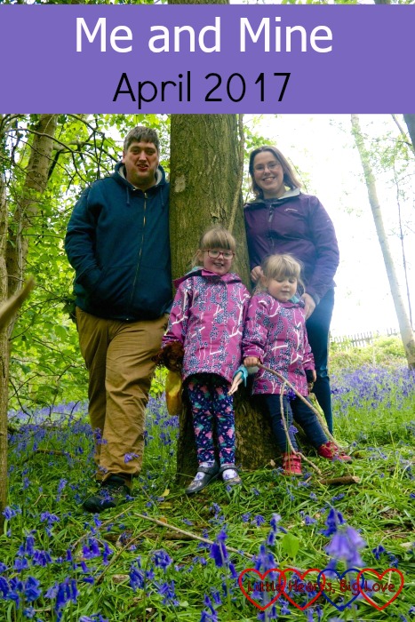 Me, hubby, Jessica and Sophie standing by a tree surrounded by bluebells - "Me and Mine - April 2017"