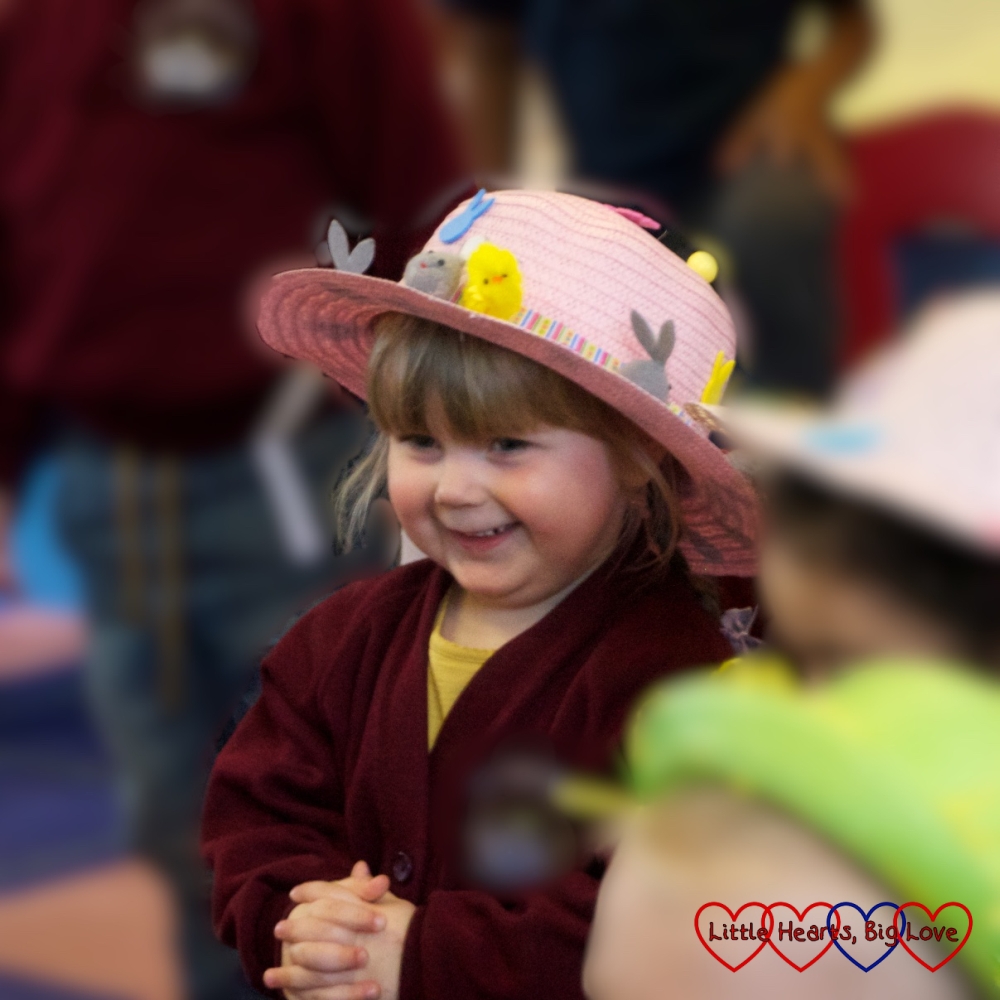 Sophie wearing her Easter bonnet in her preschool Easter concert