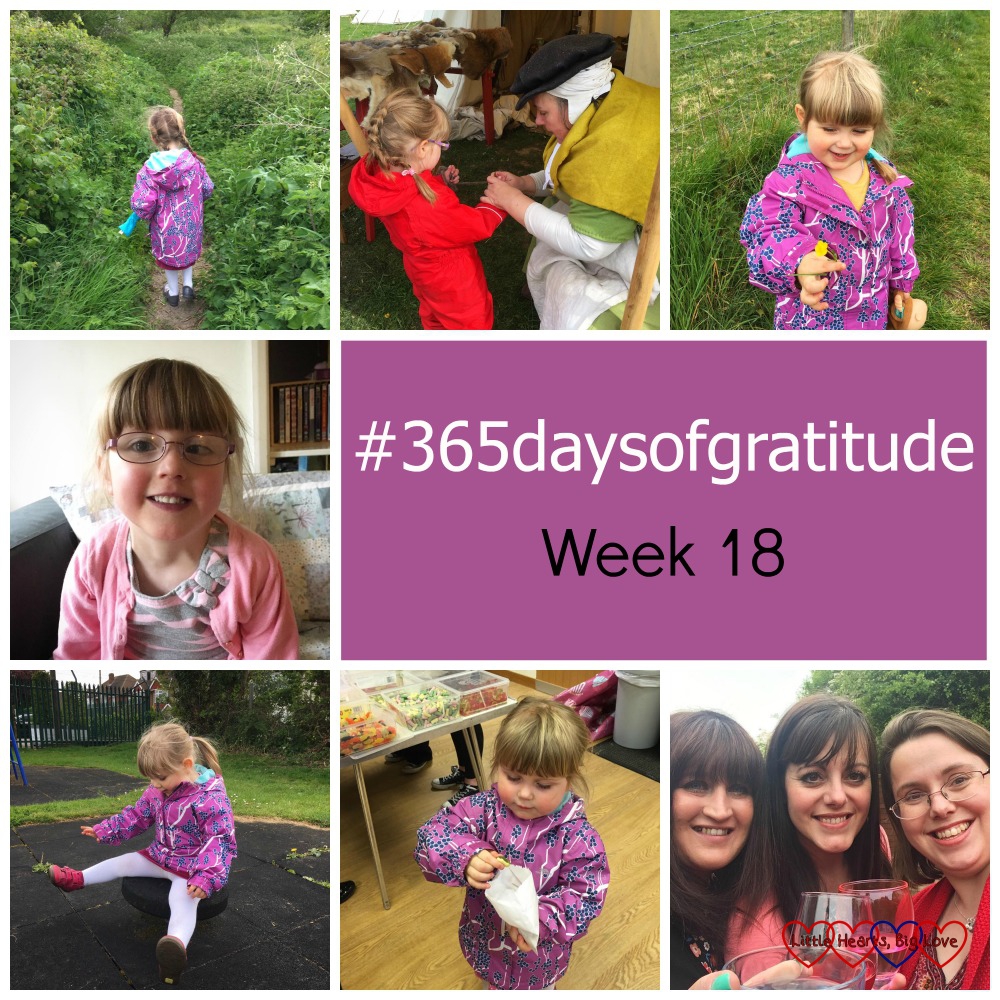 Sophie walking through a field, Jessica spinning thread, Sophie with a buttercup, a smiley Jessica, Sophie in the playground, Sophie eating sweets and me with my twinny and friend celebrating our birthdays - #365daysofgratitude - Week 18