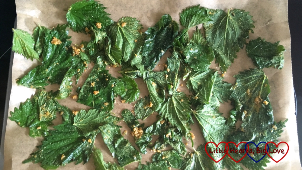 The seasoned nettle leaves on a baking sheet ready to go in the oven