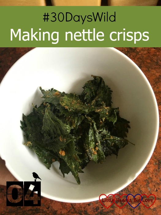 A bowl of stinging nettle crisps - "#30DaysWild - Making nettle crisps"