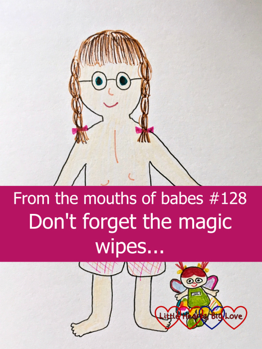 A drawing of Jessica showing her "zip" scar - "From the mouths of babes #128 - Don't forget the magic wipes..."