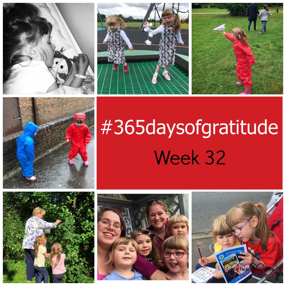 Jessica asleep; Sophie and Jessica bouncing on the trampoline at the park; Jessica throwing a paper aeroplane; Sophie and Jessica splashing about in puddles in the rain; Jessica and Sophie picking blackberries with Grandma; me, Jessica, Sophie and my friend and her two daughters; Jessica and Sophie looking together at a treasure trail map - "#365daysofgratitude - Week 32"