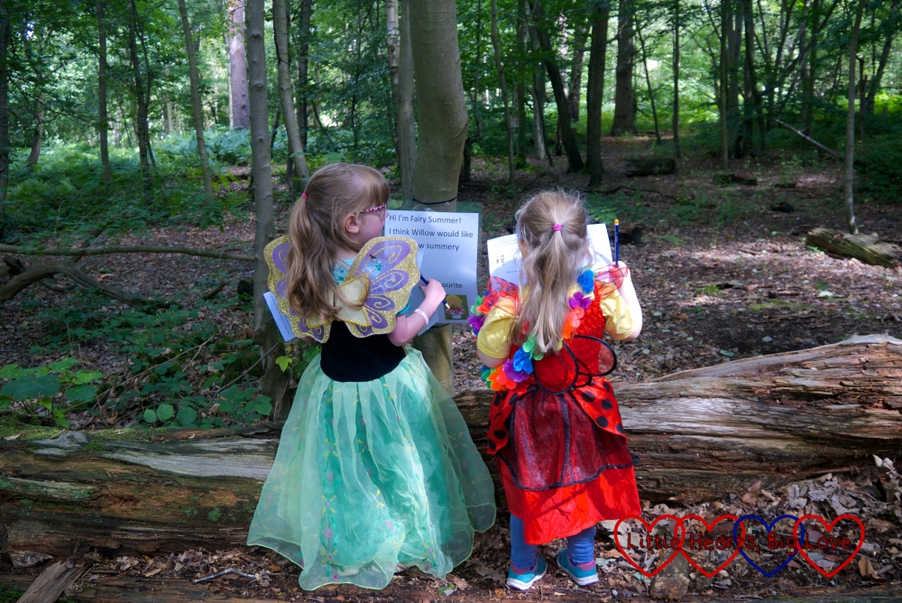 Jessica and Sophie in their fairy wings reading the sign for Fairy Summer's stop on the trail