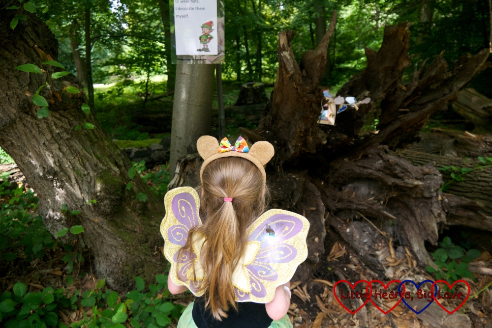 Jessica wearing a princess dress, fairy wings and a teddy bear ears headband looking at a fairy house in the woods