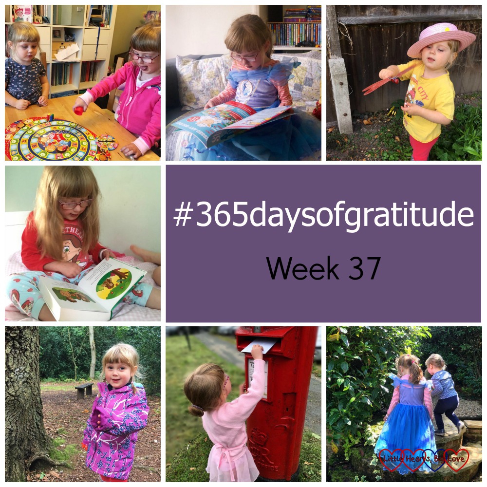 Jessica and Sophie playing a board game; Jessica wearing a princess dress and reading a story magazine; Sophie playing with a ornamental dragonfly in the garden; Jessica reading a Bible story; Sophie looking happy to have found a "fairy hole" in a tree; Jessica posting a letter and Sophie and Jessica having fun in a garden - "#365daysofgratitude - Week 37"