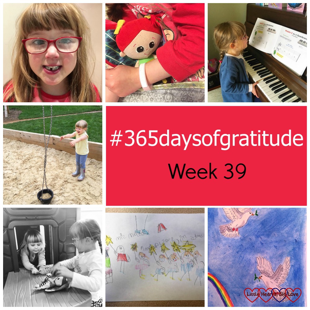 Jessica with a gappy smile; Jessica cuddling her favourite doll; Jessica playing the piano; Sophie playing in a sand pit; Sophie and Jessica playing in a play house; Jessica's drawing of a ballet class; my painting of two doves and a rainbow - "#365daysofgratitude"
