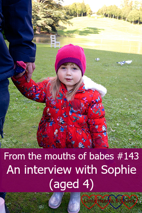 Sophie wearing a hat and warm winter coat and holding Daddy's hand - "From the mouths of babes #143 - An interview with Sophie"