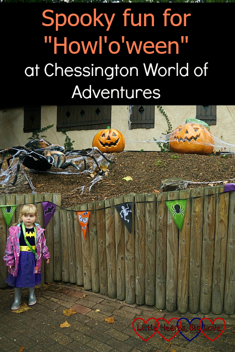 Sophie standing next to some pumpkins and a giant spider - "Spooky fun for 'Howl'o'ween' at Chessington World of Adventures"