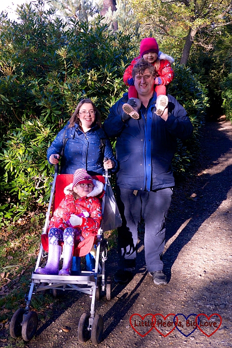 Me, hubby, Jessica and Sophie at Claremont Landscape Garden. Jessica is in her buggy and Sophie is riding on Daddy's shoulders