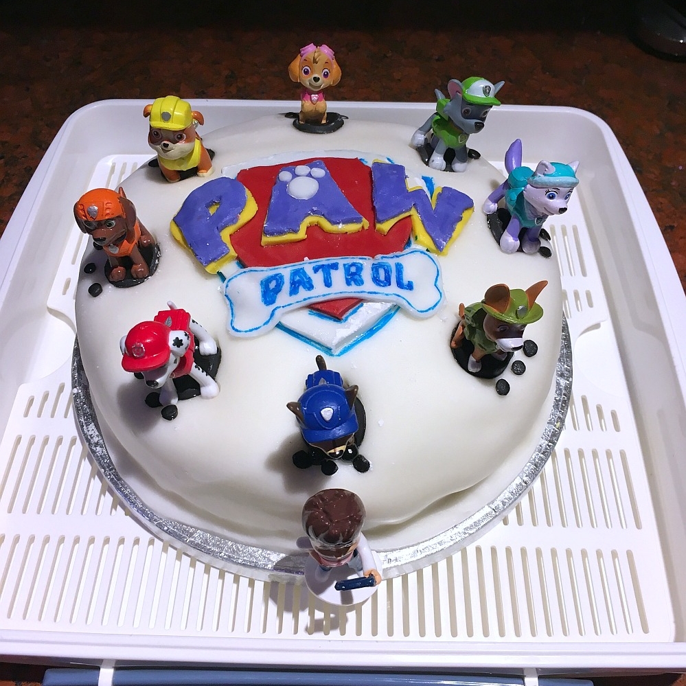 Sophie's Paw Patrol birthday cake with the Paw Patrol logo and topped with Ryder and eight pups (clockwise from top: Skye, Rocky, Everest, Tracker, Chase, Marshall, Zuma and Rubble)