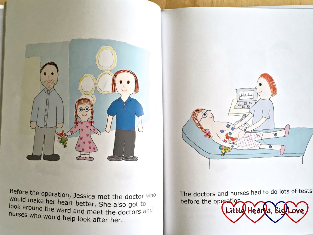 A double page spread from my book preparing Jessica for her heart surgery. The pages show Jessica being shown around the ward and Jessica having an ECG